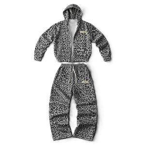 Hot Selling Leopard Print Full Zip Hoodies and Jogger Sets Custom Embroidered Logo Relaxed Fit Men's Casual Streetwear Supplier - Product Image 2