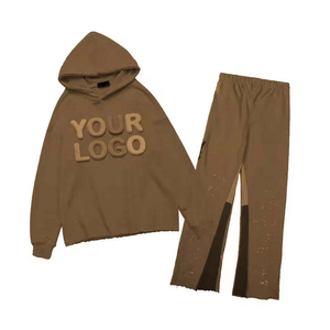 OEM Wholesale Unisex Oversized Faded Grey Fleece Tracksuit <b>Mens</b> Embossed Number <b>Pullover</b> Hoodie Loose Fit Sweat Pant Set - Product Image 3