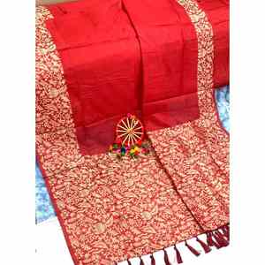 Sari en soie de Banarasi tissé et orné de motifs jacquard, avec blouse non cousue, rouge - Product Image 1