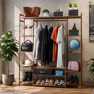 Modern Wood Standing <b>Wardrobe</b> Rack <b>With</b> Five Layers Multifunctional <b>Storage</b> For Clothing <b>Shoes</b> And Accessories - Product Image 6