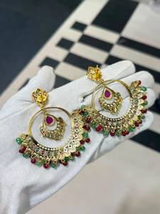Boucles d'oreilles de luxe plaquées or et rhodium, faites à la main, avec perles Jadau, style chandelier, ethniques indiennes, pour mariée, mariage, déclaration, Kundan, cadeau de fête - Product Image 3