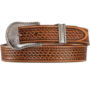 Customized Basket Weave Design embossed <b>men's</b> fashion western <b>leather</b> hand tooling <b>belt</b> with snap button buckle closure - Product Image 4