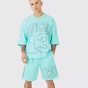 Ensemble 2 pièces décontracté d'été pour homme, style streetwear, respirant, t-shirt noir à manches courtes avec motif imprimé sur l'épaule, 100 % coton/polyester - Product Image 1