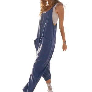 Custom Women's Navy Sleeveless V-Neck Sporty <b>Jumpsuit</b> Side <b>Pockets</b> Full Length Lightweight Eco-Friendly Summer Wear 100% Cotton - Product Image 4