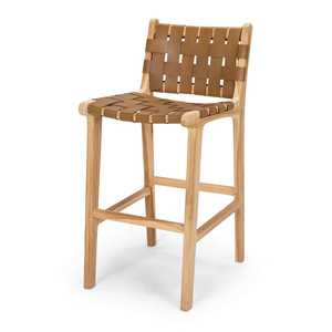 Tabouret de bar en teck artisanal avec assise et dossier en cuir tressé – Chaise de comptoir artisanale directement de l'usine pour intérieurs élégants - Product Image 1