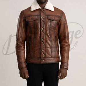Chaqueta de Cuero Genuino Marrón para Hombre, Chaqueta Trucker de Invierno con Cuello de Forro Polar Blanco, Corte Ajustado, Abrigo Informal de Cuero - Product Image 3