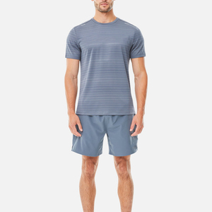 Ensemble de course pour homme 2026 : T-shirt rayé bleu et short – Séchage rapide, polyester, tenue sportive d'été - Product Image 4