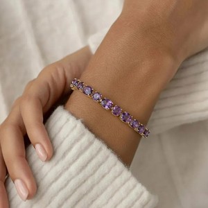 Pulsera de Amatista Natural en Plata de Ley 925 Chapada en Oro, Elegante Gema Púrpura, Joyería de Lujo, Piedra de Nacimiento de Febrero - Product Image 2