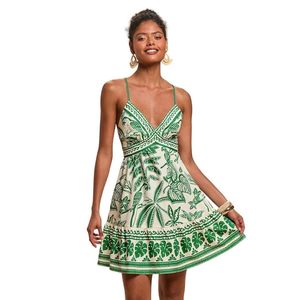 Robe Courte d'Été Imprimée Tropicale pour Femme – Sexy, Dos Nu, Bretelles Croisées, Col en V, Style Cami, Robe de Soleil Décontractée Bohème, Plage, Volants, Évasée, Soirée - Product Image 1