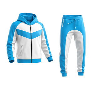 Conjunto de chándal azul y blanco con contraste para hombre – Sudadera con capucha y cremallera y pantalones jogger, ropa deportiva ajustada para gimnasio, conjunto informal para fitness - Product Image 2