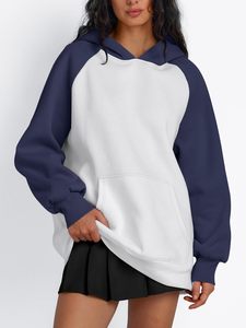 Women Oversized Hooded Sweatshirt White <b>Navy</b> Blue Full Sleeve Fleece Pocket Design Breathable Autumn Wear - Product Image 1