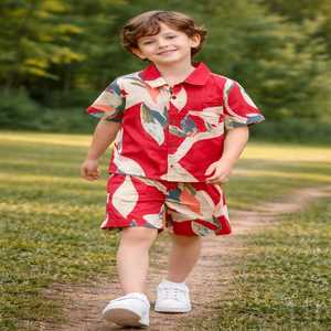 Ensemble 2 pièces chemise à col et short multicolore à motifs élégants pour garçons de 2 à 10 ans, en satin respirant, décontracté, pour l'été - Product Image 1