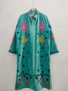 Manteau long en velours imprimé floral cœur d'amour, style Kantha indien, pour femme, avec cordon de serrage, 100 % coton - Product Image 1