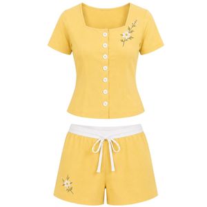 Yellow Women <b>Two</b> <b>Piece</b> Shorts <b>Set</b> Square Neck Button Crop Top Floral Embroidery Casual Summer Cotton <b>Lounge</b> Wear Custom Outfit - Product Image 1