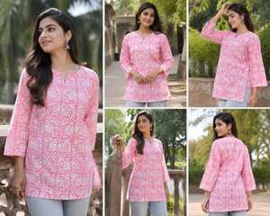 Wholesale <b>Indian</b> Hand Block Printed Pink Cotton Tank <b>Tops</b> Casual Summer Animal Vintage Quick Dry Eco-Friendly Breathable Women - Product Image 6