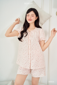 B2 MUM B904 ชุดกางเกงขาสั้นผ้าลินินพิมพ์ลายดอกไม้สีชมพูสำหรับหญิงตั้งครรภ์นุ่มสบายระบายอากาศได้ดีกระเป๋าเอวยางยืดปรับได้ - Product Image 4