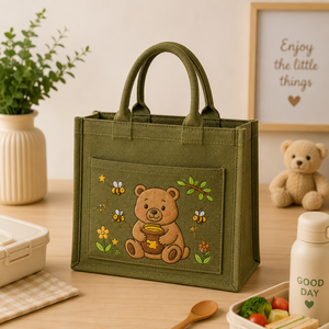 <b>Cute</b> Cartoon <b>Bear</b> Jute Lunch Bag With Top Handle 24x13x20cm Green Daily Use Tote - Product Image 1