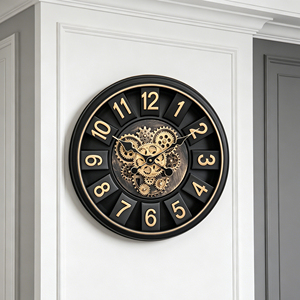 Moving gear wall <b>clock</b> 18 inch black industrial skeleton layers frame with real rotating clockwork for cafe hotel decoration - Product Image 4