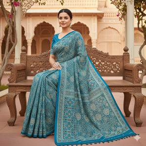 Sari de crepé satinado Ajrakh estampado para mujer |   Ropa Étnica Ligera para Bodas, Fiestas y Ocasiones Festivas con Accesorios - Product Image 3