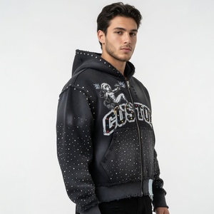 Sudadera con capucha extragrande con cremallera y logotipo personalizado, de alta calidad, 400 GSM, efecto desgastado, con pedrería, unisex, estilo urbano - Product Image 3