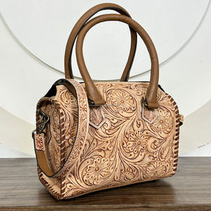 New Arrival <b>Hand</b> Tooled Floral Cowhide Leather Small Speedy Bags Western Travel Purse Vintage Style Genuine Leather Duffle Bags - Product Image 4