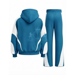 Custom Logo Blue White Color Blocking Tracksuit 100% Set Full <b>Zip</b> <b>Hooded</b> 450 Gsm Sweatshirt Pants - Product Image 3