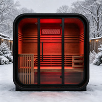 Ruang Sauna Luar Ruangan Pine, Sauna Uap Persegi untuk 2-4 Orang, Pembakaran Kayu Hitam Grosir dengan Terapi Cahaya Merah Opsional dan WiFi Pintar