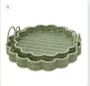 Decorative Green PE Rattan Tray with Handles Round Scalloped Design Handwoven Storage <b>Basket</b> for Home Kitchen <b>Coffee</b> <b>Table</b> Use - Product Image 3