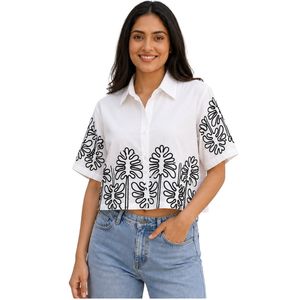 <b>White</b> Women Cropped Button Shirt Black Floral Embroidery Short Sleeve Casual Summer Blouse Cotton Fashion Designer Top Custom - Product Image 1