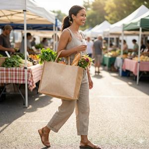 Sac fourre-tout en toile de jute durable avec fermeture éclair, poignées rembourrées robustes, base large, réutilisable, sac de courses écologique pour - Product Image 2