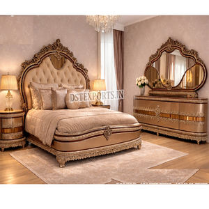 Ensemble de chambre à coucher de style américain sur mesure en teck avec lit double à haut dossier de style turc luxueux, armoire et commode, décorations en bois sculpté. - Product Image 1