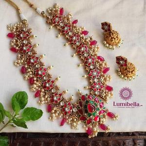24K Gold Plated <b>Ruby</b> Jadau Bridal <b>Necklace</b> Set with Zircon Earrings - Product Image 1