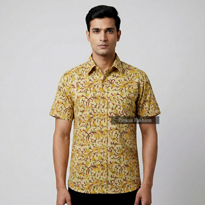 Men's 100% Cotton Floral Print <b>Short</b> <b>Sleeve</b> <b>Shirt</b> Button Down Collar Anti Wrinkle Breathable Casual Summer Wear - Product Image 1