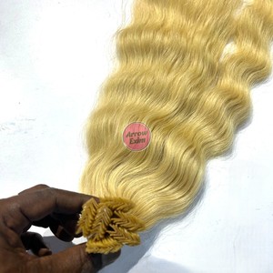 613 Blonde Curly V-Tip Indian Remy Human Hair <b>Extensions</b> Single Donor Virgin - Product Image 1