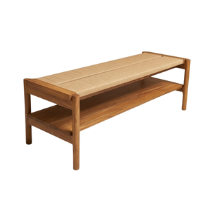 <b>Modern</b> Solid Wood Rectangular Bench with Woven Seat and Storage <b>Shelf</b> for Living Room - Product Image 2