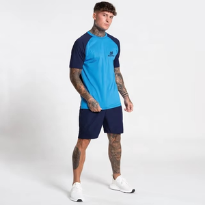 Men's Color Blocking Sporty T-Shirt <b>Set</b> Crew Neck Short Sleeve Quick Dry Summer Workout Clothes Blue Navy Shorts - Product Image 1