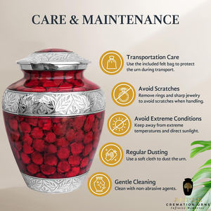 Urne funéraire en métal rouge pour cendres humaines adultes |   Urne commémorative gravée en feuille d'argent, design écologique et durable |   220 pouces cubes - Product Image 4