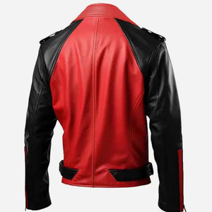 Chaqueta de moto de cuero roja y negra para hombre, cuello vuelto, cierre de cremallera, corte ajustado, estilo invernal, diseño con bloques de color, transpirable en la parte delantera - Product Image 5