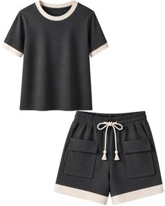 Black Women Lounge Set Contrast <b>Trim</b> Short Sleeve TShirt & Short Casual Summer Two Piece Outfit Soft Breathable Cotton Blend Set - Product Image 1