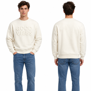 เสื้อสเวตเชิ้ตคอกลมสีครีมสำหรับผู้ชาย ลายตัวอักษร Good Vibes ทรงปกติ ผ้าถักเนื้อฝ้าย ใส่ได้ในฤดูใบไม้ร่วง - Product Image 4