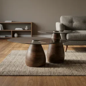 Modern Round Coffee <b>Table</b> With Tempered Glass Top And Wooden Base <b>Nesting</b> Design Living Room Furniture - Product Image 3