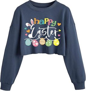 Sweat-shirt court à motif lapin amusant pour femme, pull à manches longues pour le printemps et Pâques, haut de fête - Product Image 3