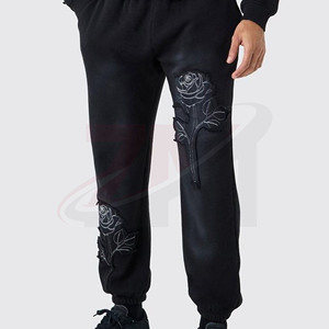 Conjunto Deportivo Informal para Hombre, Sudadera con Capucha Bordada con Flores Negras, Manga Larga, Ropa de Calle para Otoño, 100% Algodón, Corte Regular - Product Image 5