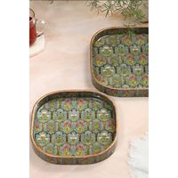 Plateau de service rond en bois de manguier fait main avec incrustation mandala, plateau de table basse en bois, plateau de cuisine décoratif avec poignées