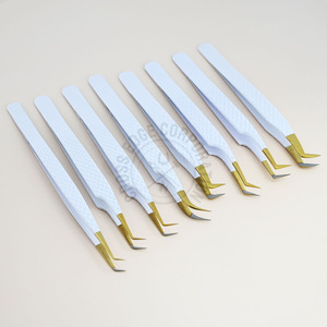 Pince à épiler pour cils à poignée en diamant blanc, pointe dorée, emballage personnalisé, isolation, marque privée, volume, pointe en fibre, vente en gros - Product Image 1