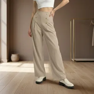 Pantalones de Pierna Ancha de Cintura Alta con Botones Dorados, Pantalones Palazzo con Botones Repujados, Pantalones de Pierna Ancha Estilo Marinero - Product Image 1