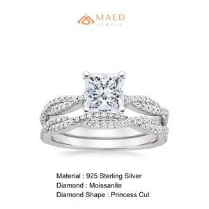 Ensemble de bagues de mariage en moissanite taille princesse, argent sterling 925, tige torsadée, accent pavé, bagues de fiançailles et de mariage, bijoux chics, cadeau - Product Image 6