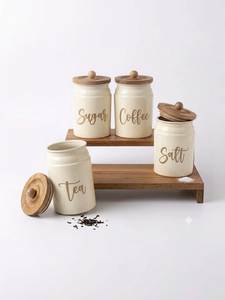 Ceramic Food <b>Storage</b> Containers With Wooden Lids Airtight Minimalist Design For Kitchen Use Sugar Coffee Salt Tea Jars - Product Image 1