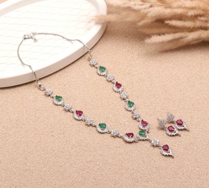 <b>Ruby</b> Emerald Crystal <b>Necklace</b> Set Pear Round Stone Drop Design White Gold Plated Statement Jewelry Gift for Her - Product Image 1