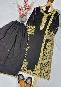 ชุดสาหรี่กะมีซ 3 ชิ้น ดีไซน์ใหม่ สำหรับเทศกาลอีด ตกแต่งด้วยงานปักหนักแบบทันสมัย ผ้าไหมจีนผสมผ้าไหมโรมัน ประดับด้วยเลื่อม เหมาะสำหรับงานแต่งงาน - Product Image 4